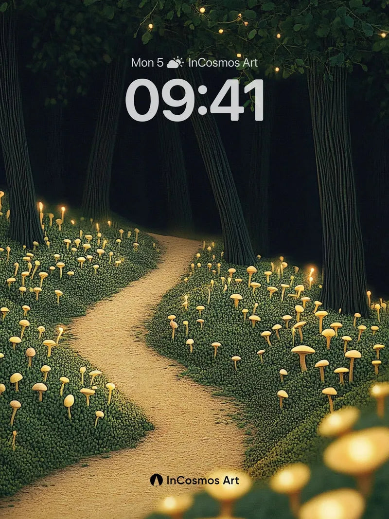 Luminous Forest Path Wallpaper with Glowing Mushrooms