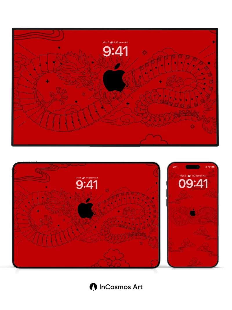 Crimson Dragon Wallpaper with Hidden Apple