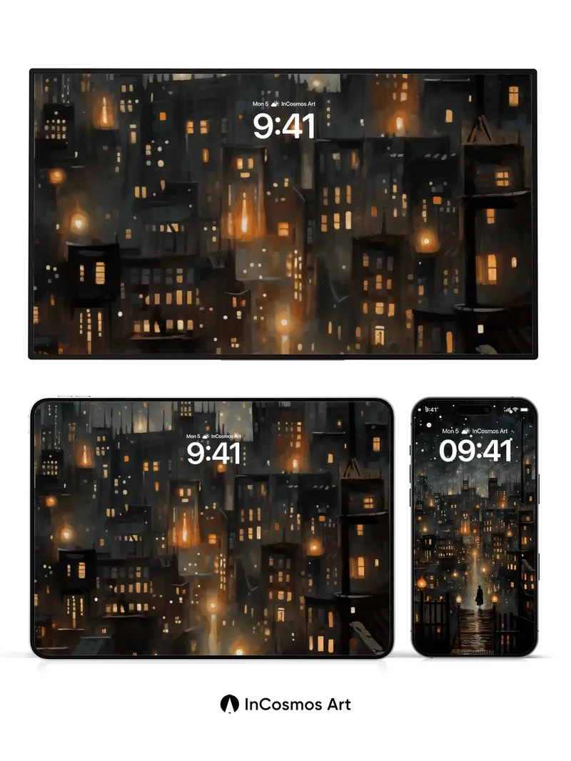 Rain-Slicked Cityscape Wallpaper with Floating Stars