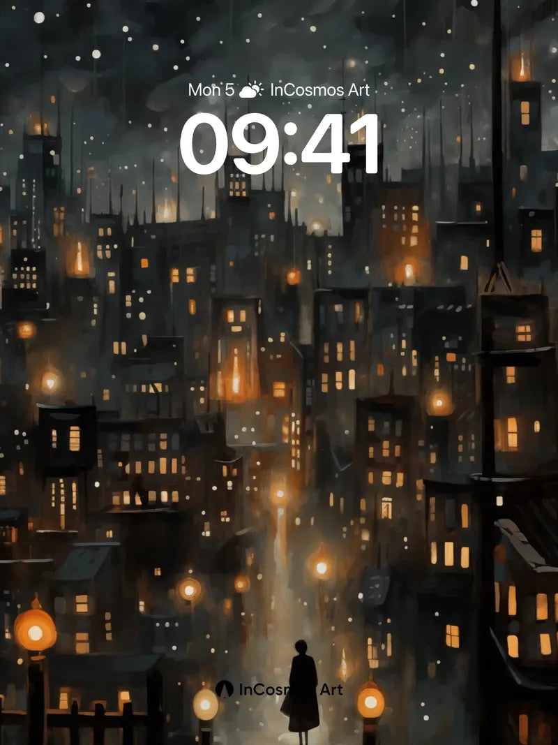 Rain-Slicked Cityscape Wallpaper with Floating Stars