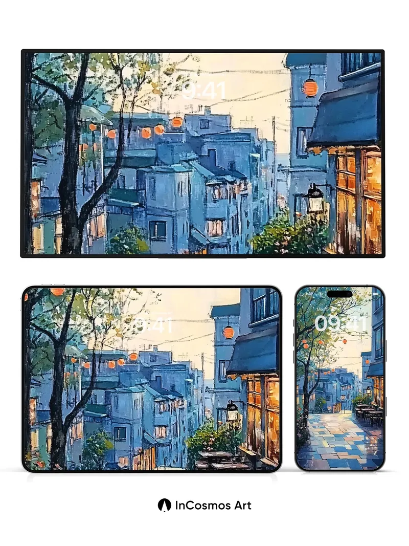 Serene Lane Wallpaper with Lantern Light