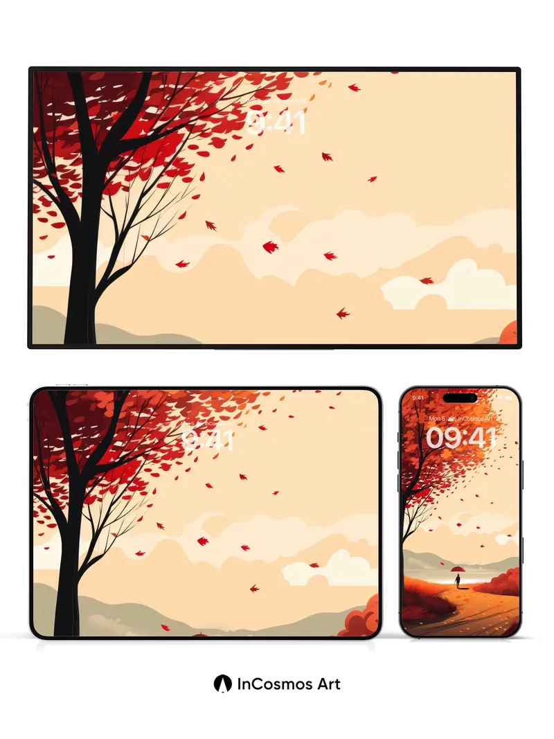 Autumn Hush Wallpaper with Floating Leaves