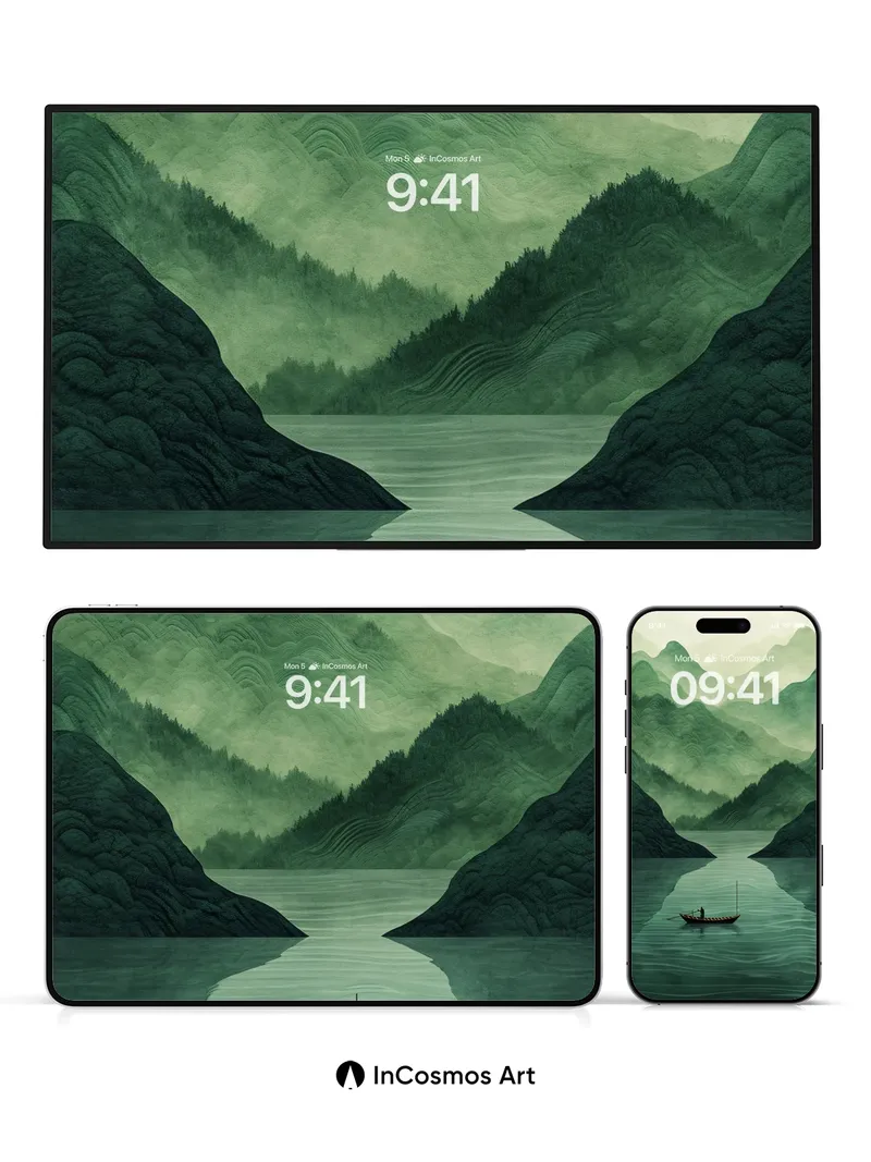 Mist-Weaved Mountain Wallpaper with Floating Boat