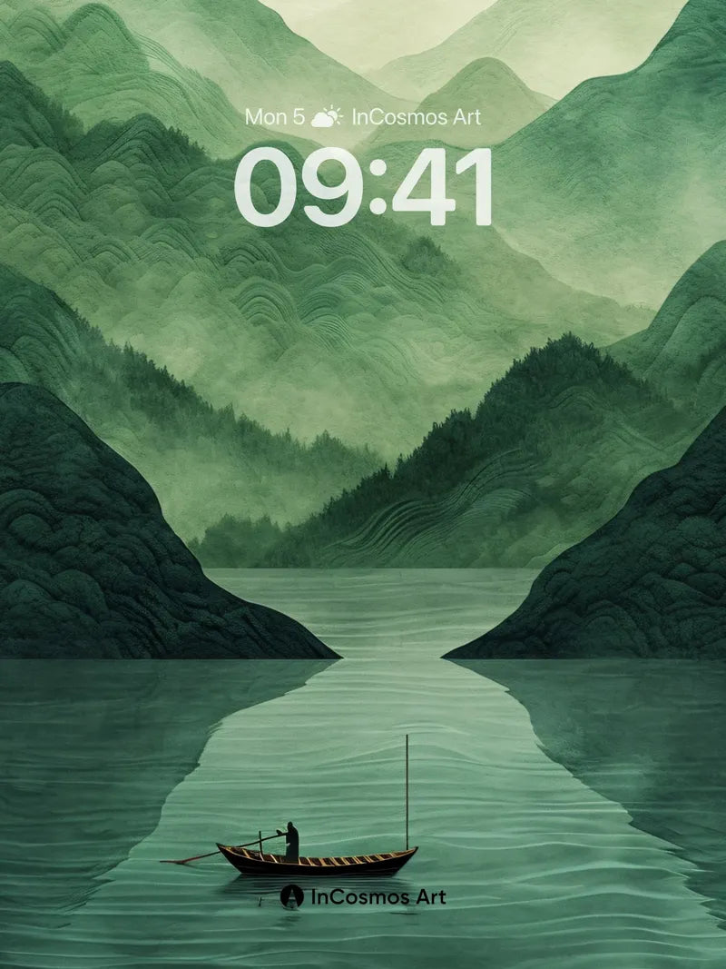Mist-Weaved Mountain Wallpaper with Floating Boat