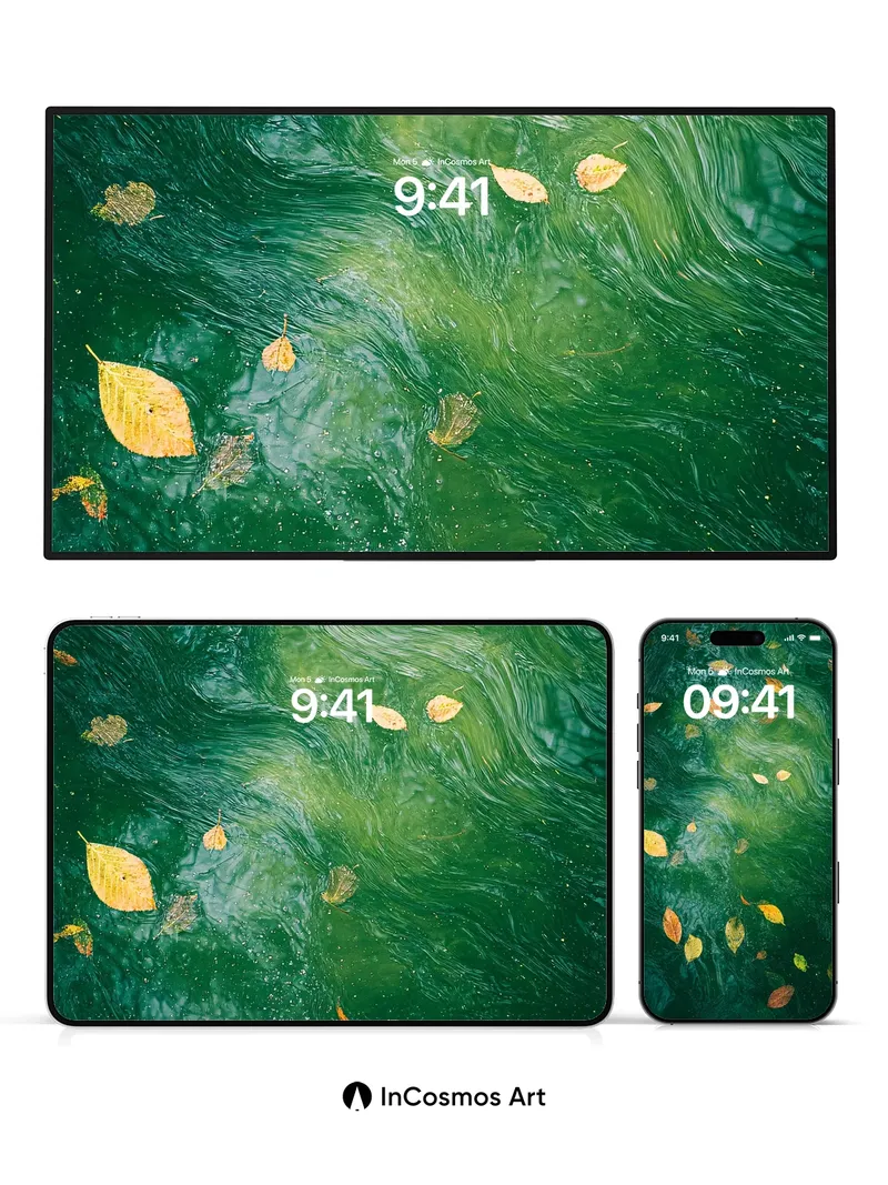 Autumn Whispers Wallpaper with Floating Leaves