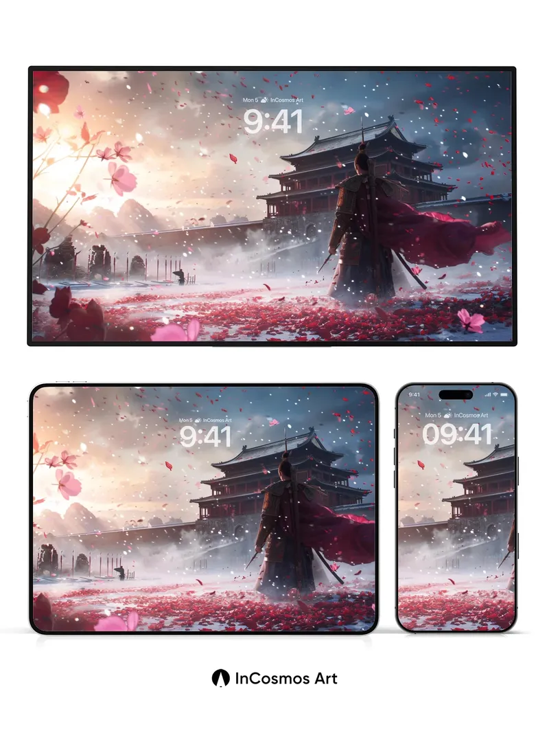 Cherry Storm Wallpaper with Samurai Silhouette