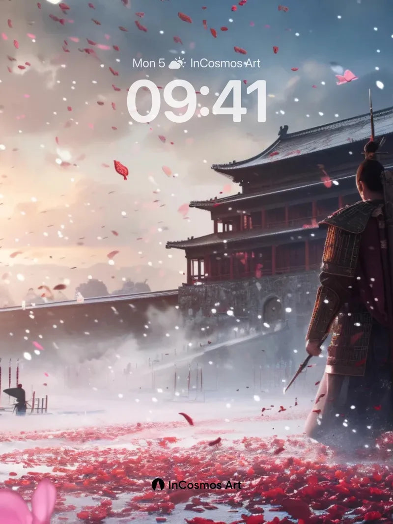 Cherry Storm Wallpaper with Samurai Silhouette