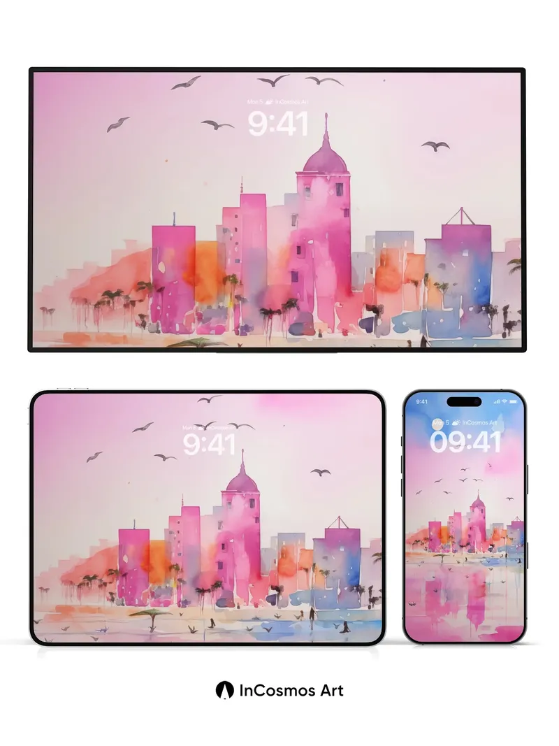 Pink Horizon Wallpaper with Floating Birds