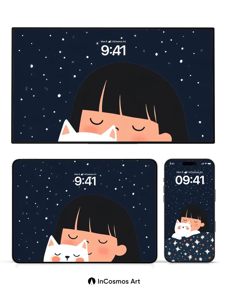 Starry Slumber Wallpaper with Cozy Cat Embrace