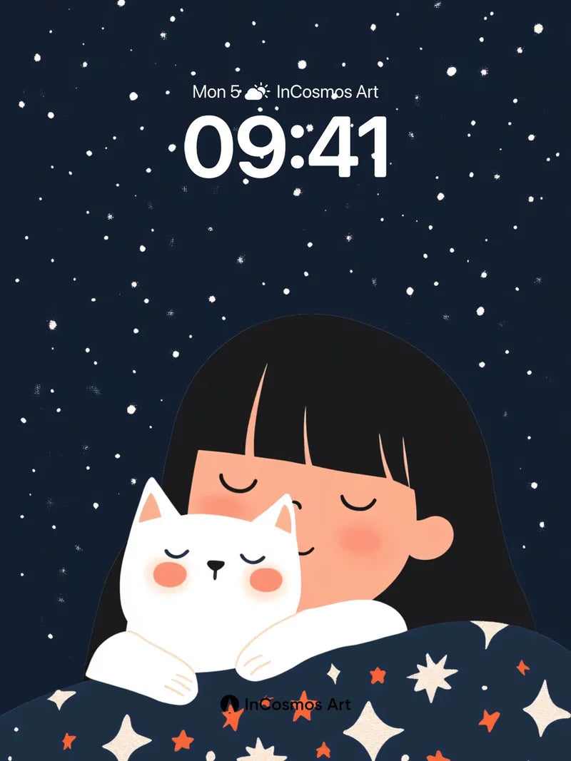 Starry Slumber Wallpaper with Cozy Cat Embrace