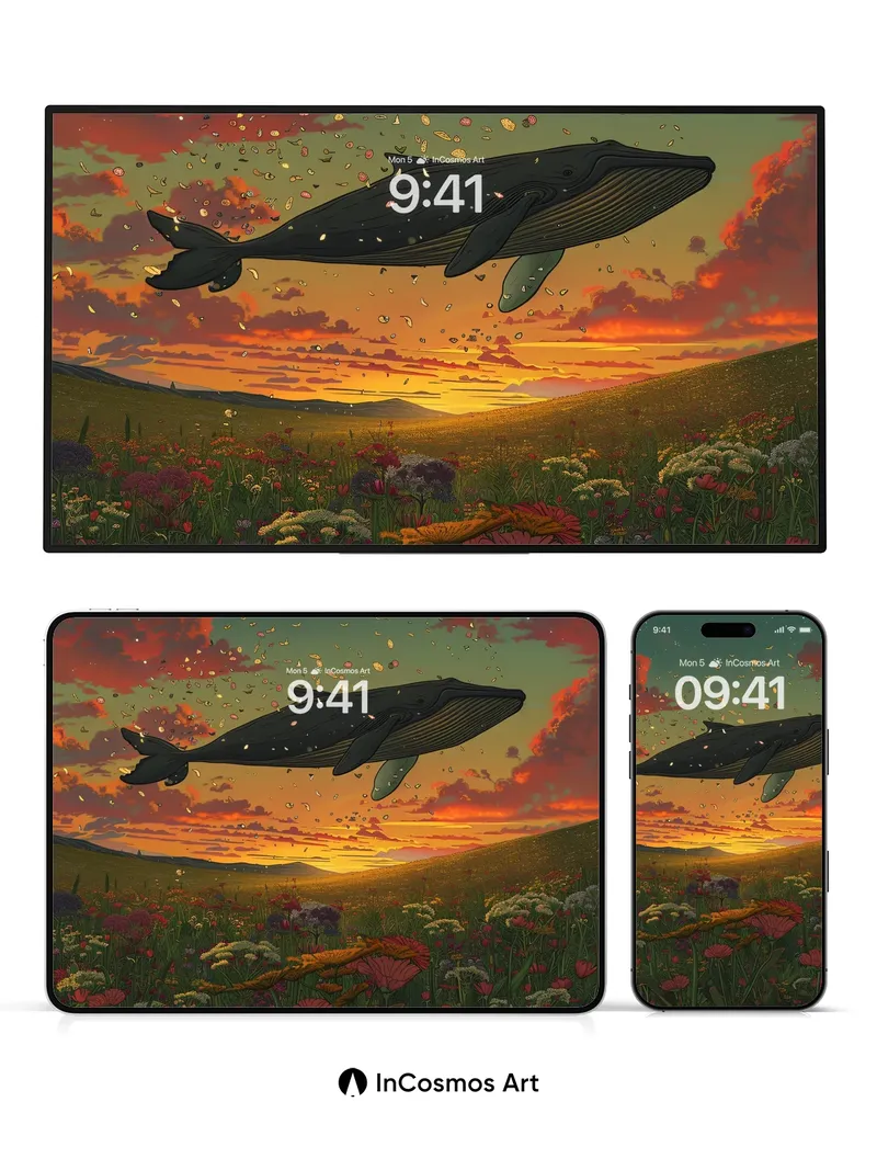 Whispering Sky Whale Wallpaper with Floating Petals