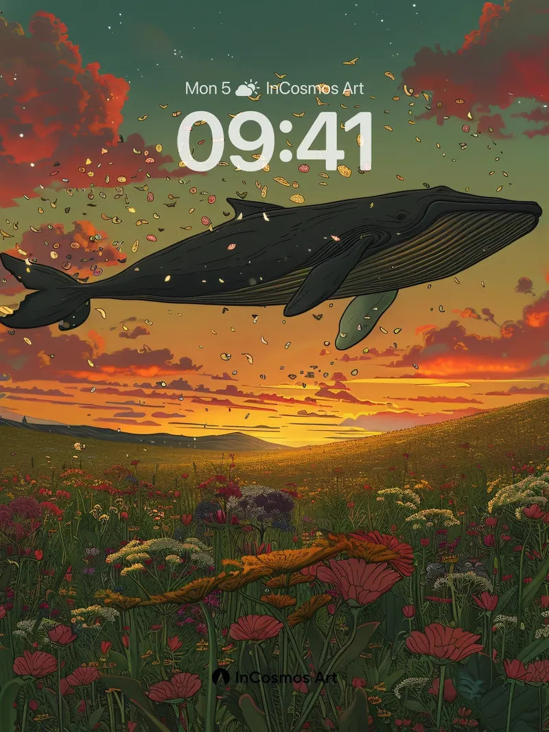Whispering Sky Whale Wallpaper with Floating Petals