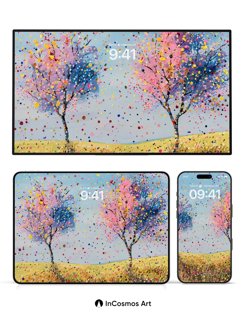 Whimsical Dot-Tree Wallpaper with Floating Color