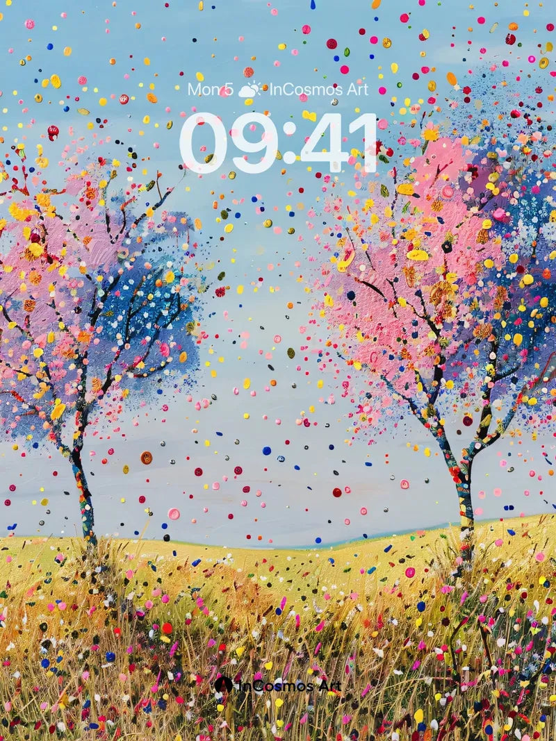 Whimsical Dot-Tree Wallpaper with Floating Color