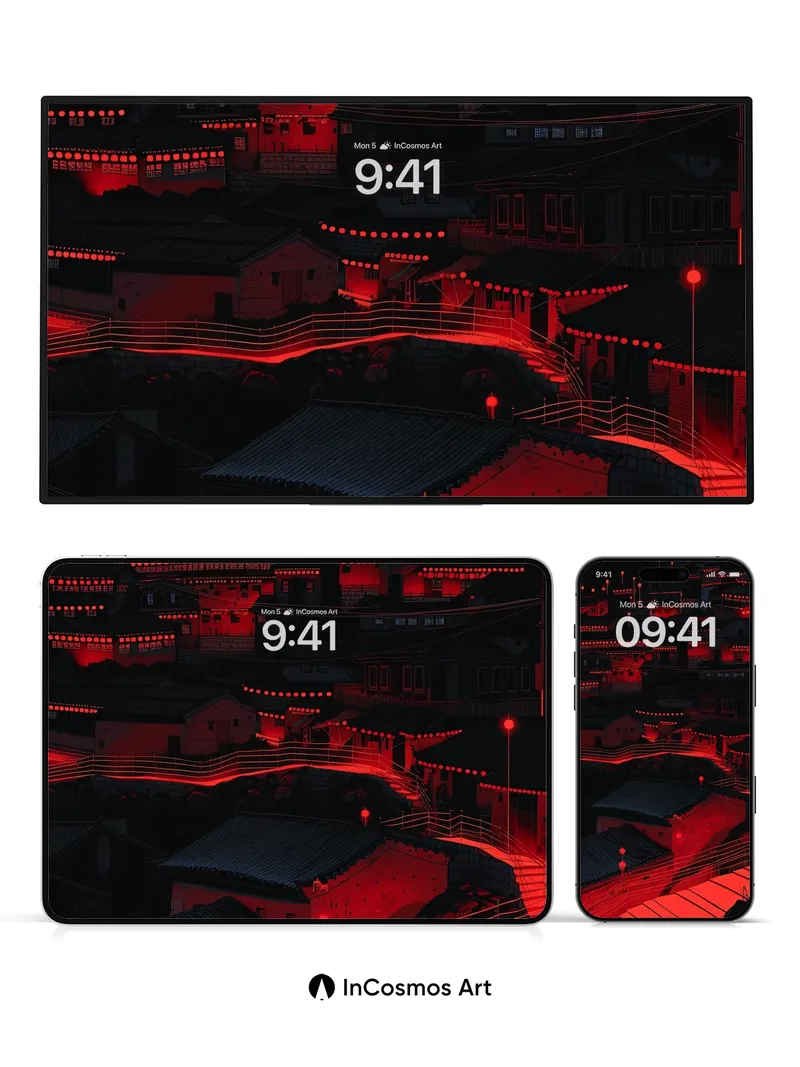 Crimson Circuit Wallpaper with Floating Lanterns