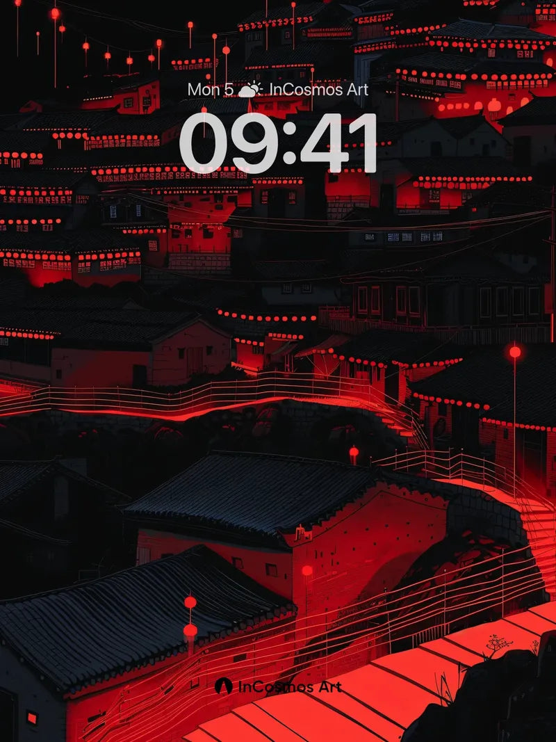 Crimson Circuit Wallpaper with Floating Lanterns