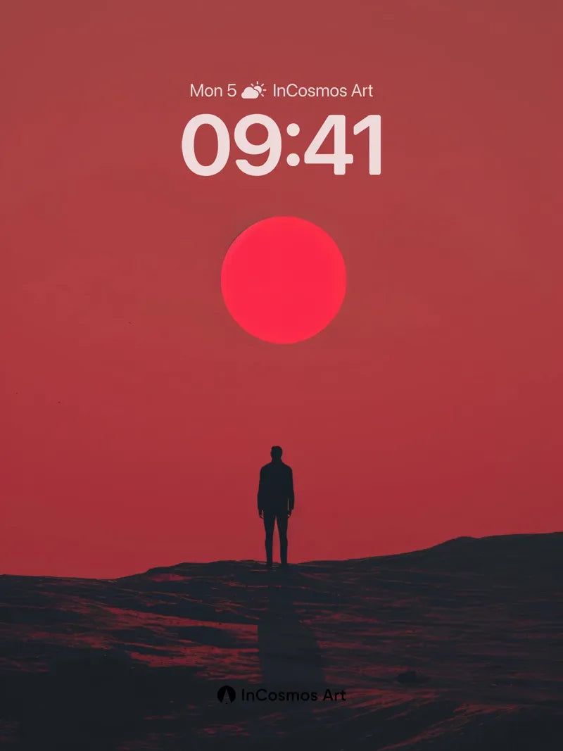 Solitary Horizon Wallpaper with Crimson Sun