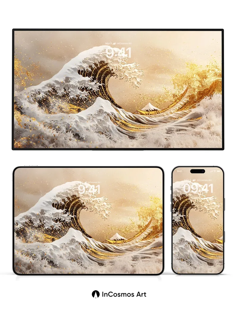 Golden Surge Wallpaper with Hokusai Echo