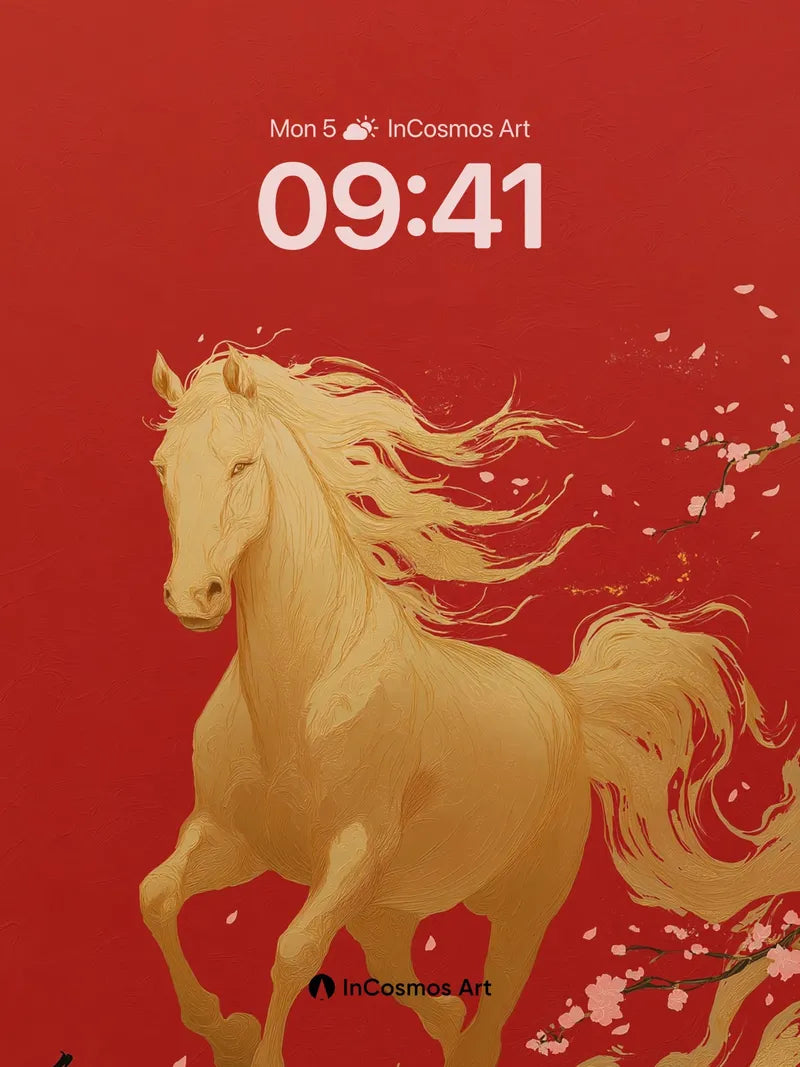 Golden Gallop Wallpaper with Cherry Petal Drift