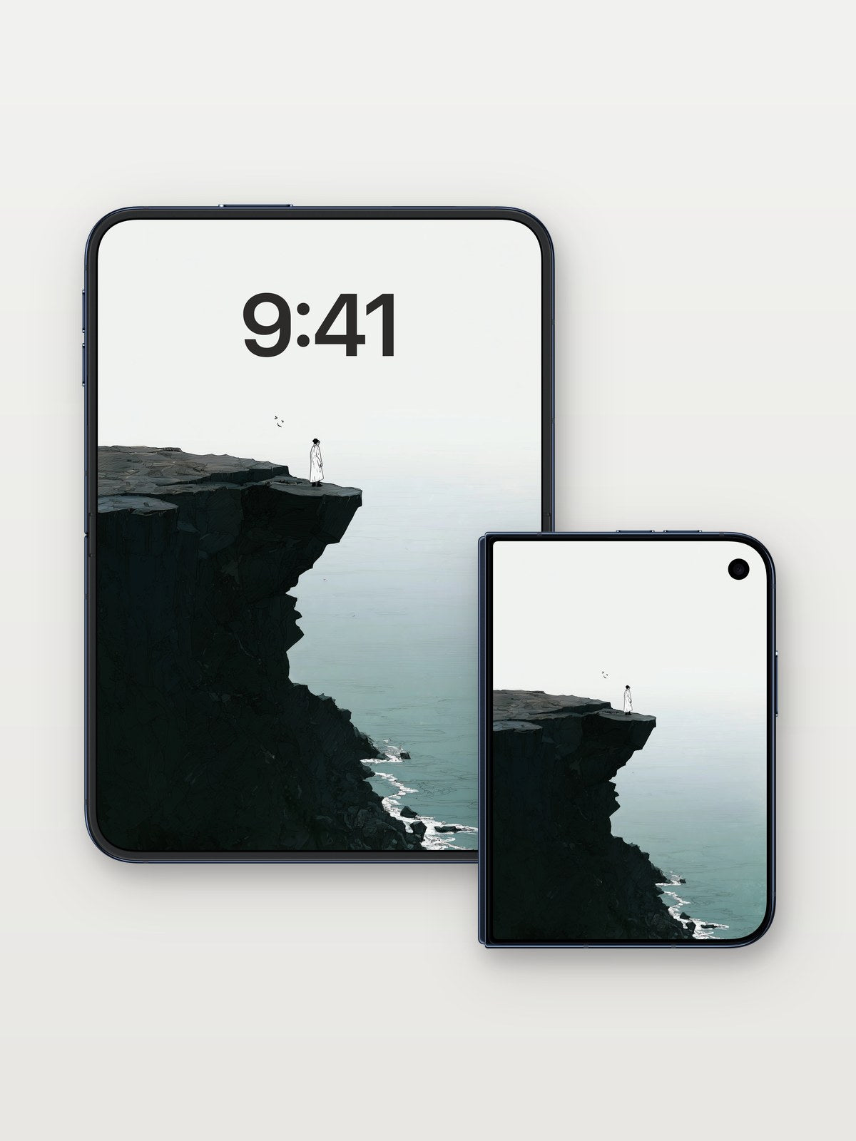 Solitary Edge Wallpaper with Sea Whisper on iPhone Duo, open and closed