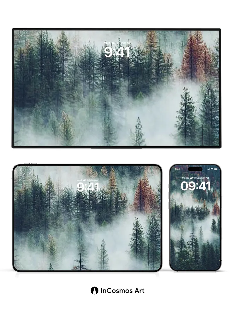 Misty Pine Silence Wallpaper with Distant Firelight