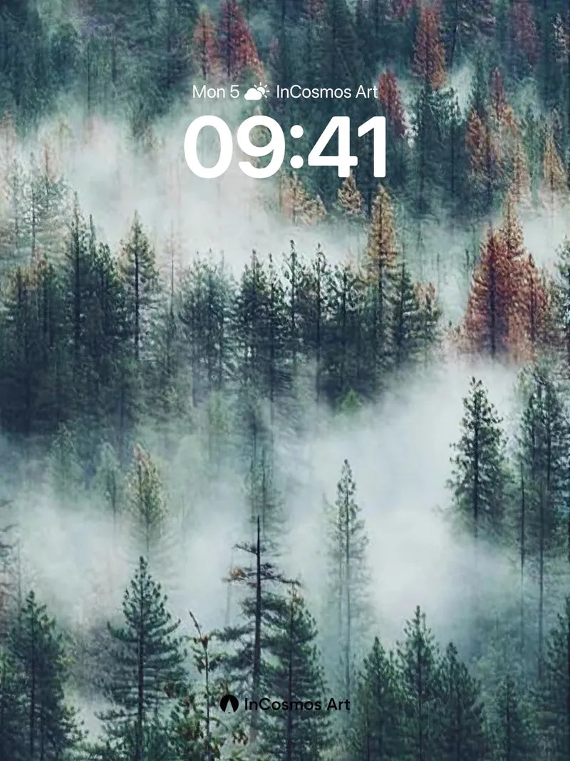 Misty Pine Silence Wallpaper with Distant Firelight