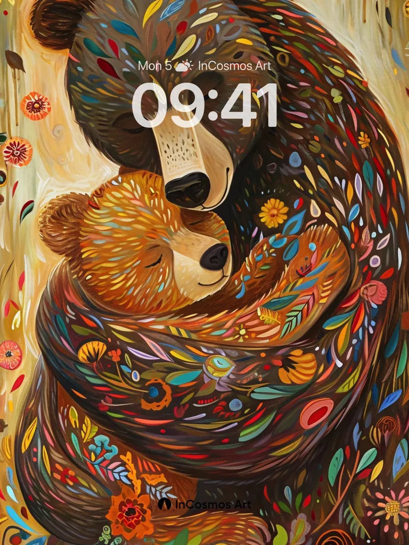 Serenity Bear Hug Wallpaper with Folkloric Patterns wallpaper for iPhone, iPad & Mac