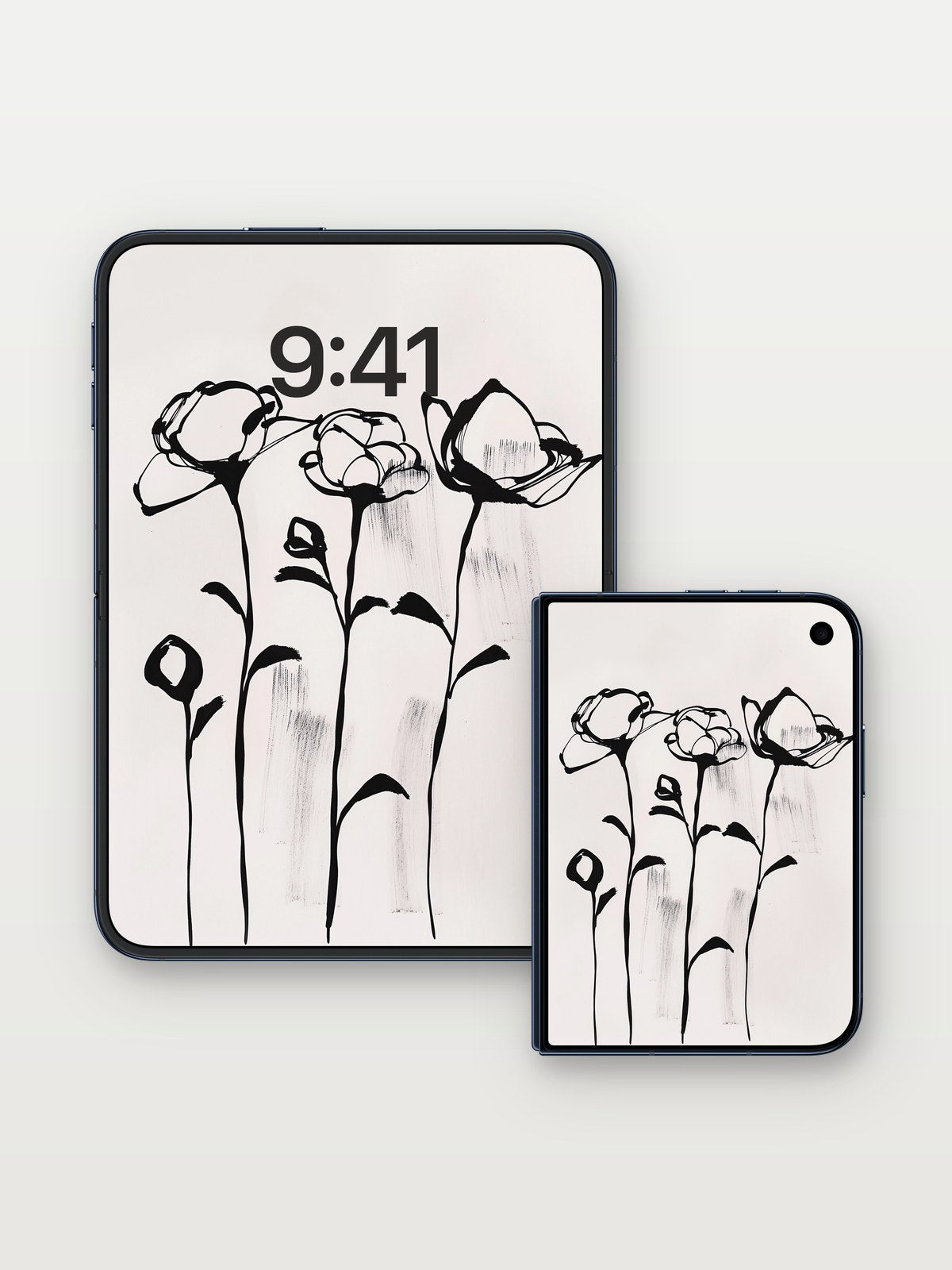 Ink Bloom Wallpaper with Whispering Stems on iPhone Duo, open and closed