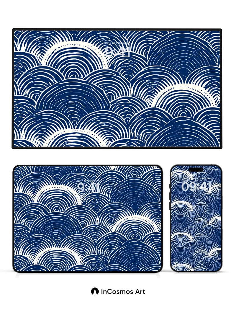 Cerulean Wave Wallpaper with Hokusai Echoes