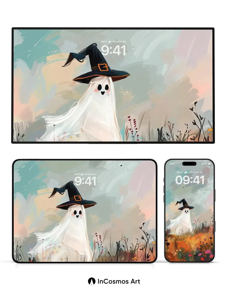 Whimsical Ghost Wallpaper with Witch Hat Charm