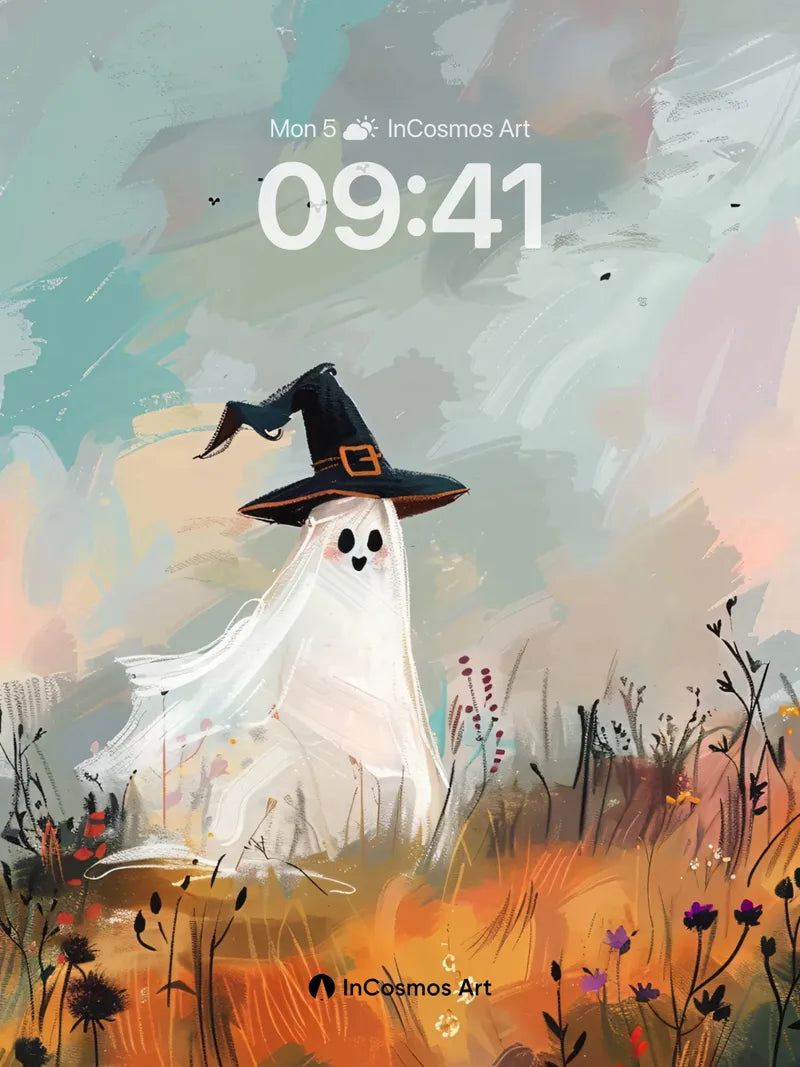 Whimsical Ghost Wallpaper with Witch Hat Charm wallpaper for iPhone, iPad & Mac