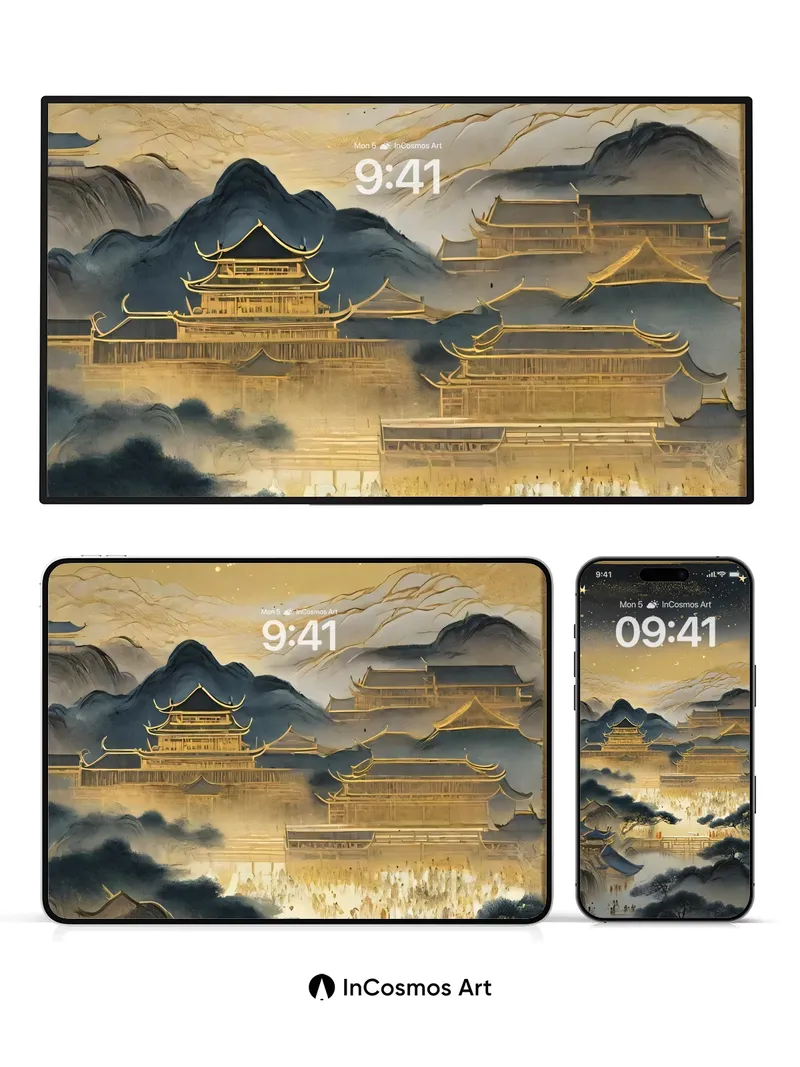 Golden Reverie Wallpaper with Celestial Ink