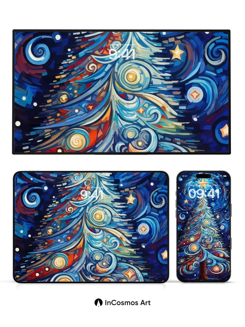 Cosmic Spiral Wallpaper with Starlit Tree