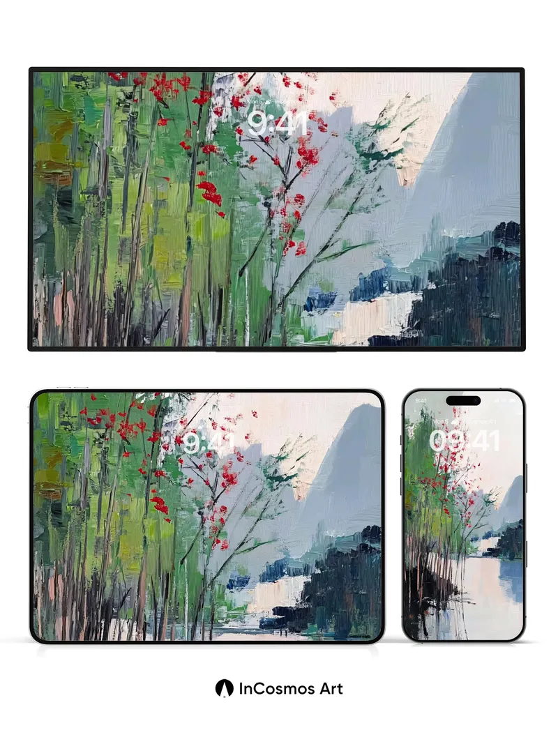 Serene Reflection Wallpaper with Crimson Branches