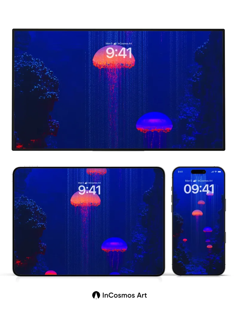 Neon Depths Wallpaper with Floating Bioluminescence