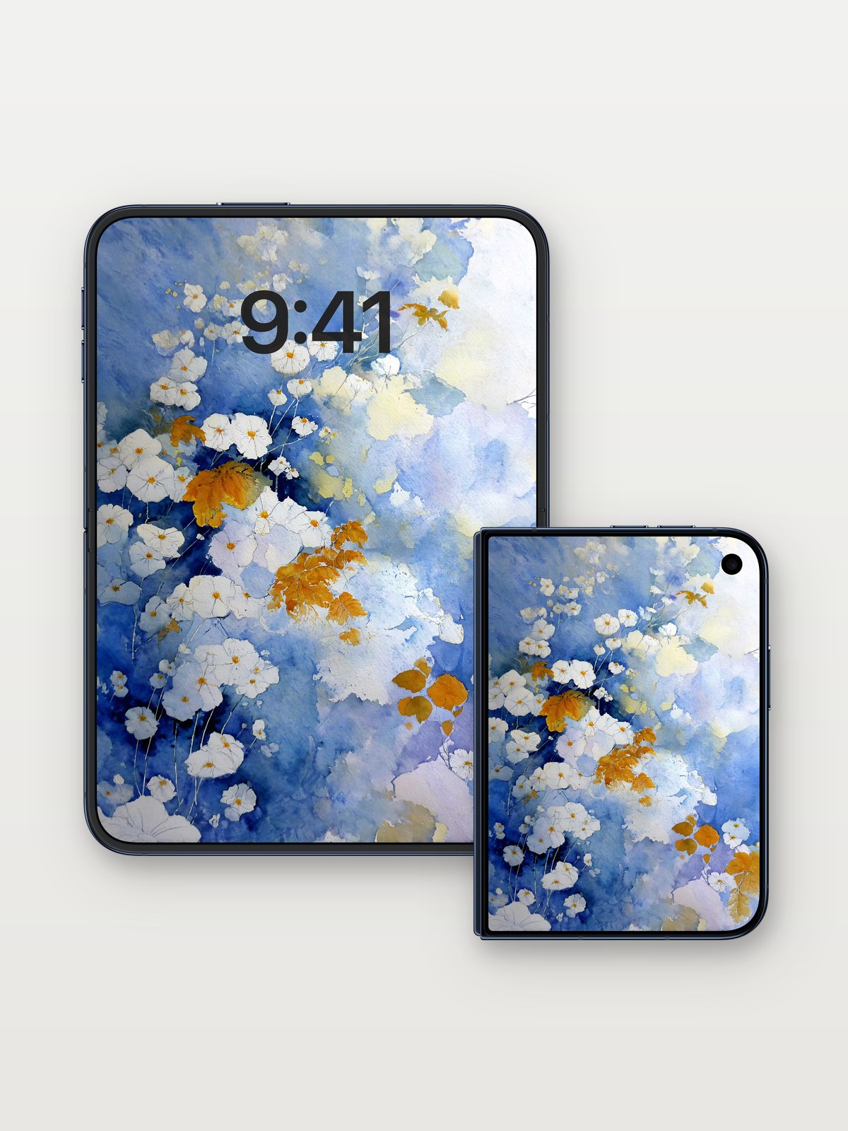 Serenity Bloom Wallpaper with Ethereal Light on iPhone Duo, open and closed