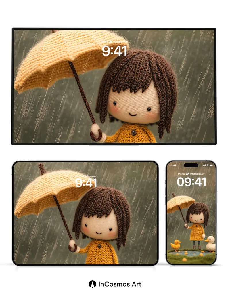 Knitted Rainfall Wallpaper with Ducklings