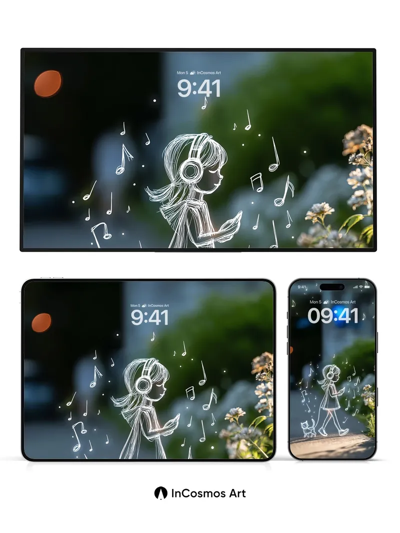 Luminous Walk Wallpaper with Floating Notes