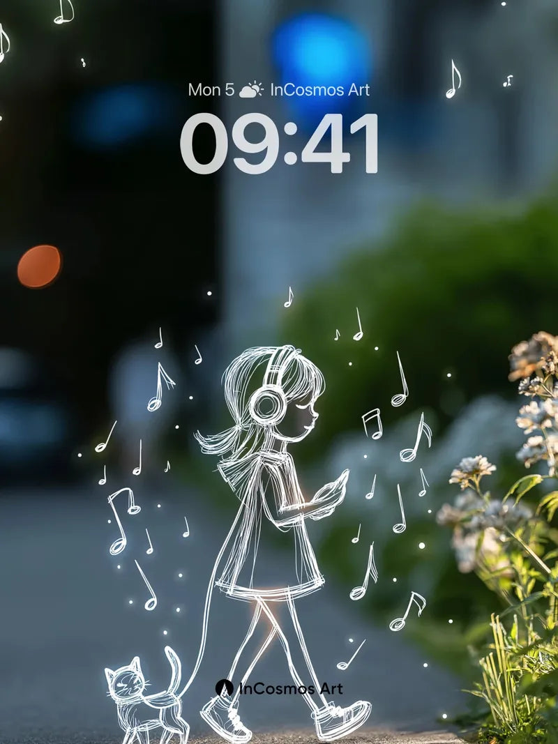 Luminous Walk Wallpaper with Floating Notes