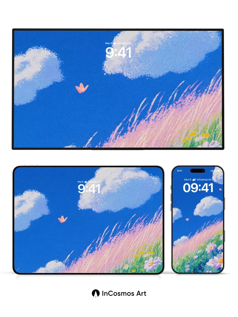 Serenity Meadow Wallpaper with Floating Petals