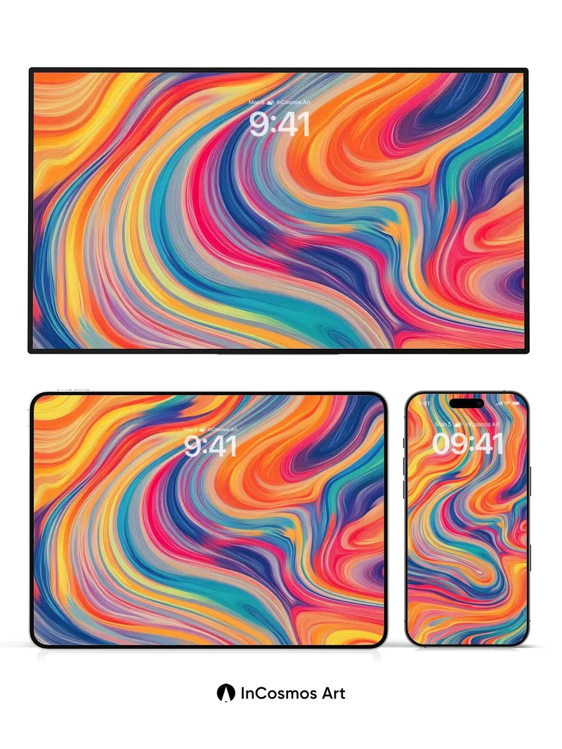 Luminous Wave Wallpaper with Liquid Rainbow