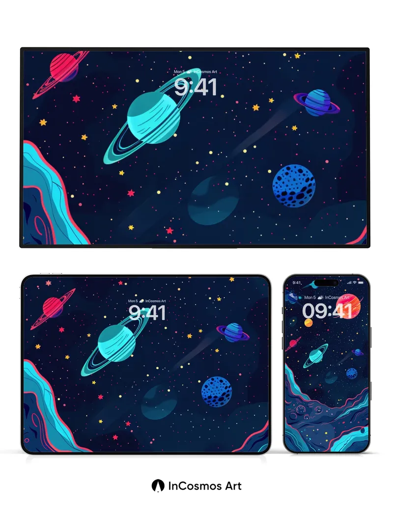 Cosmic Lullaby Wallpaper with Floating Planets