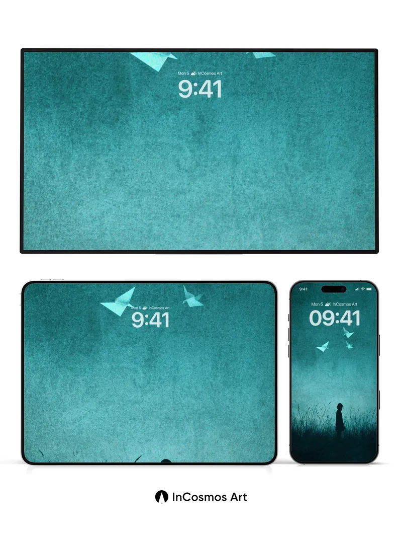 Solitary Paper Crane Background in Teal Haze