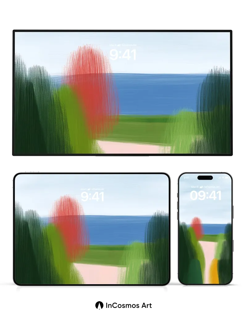 Serene Pathway Wallpaper with Brushstroke Trees