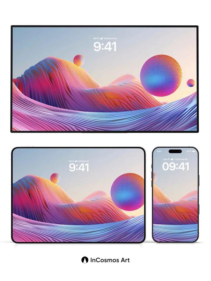 Luminous Wave Wallpaper with Floating Orbs