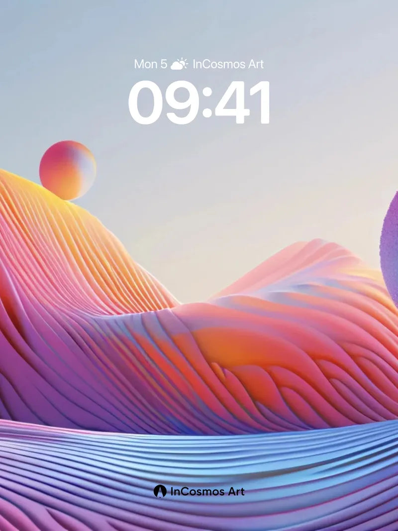 Luminous Wave Wallpaper with Floating Orbs