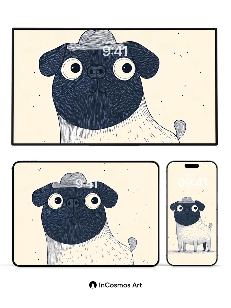 Whimsical Pug Wallpaper with Hat and Ink Lines