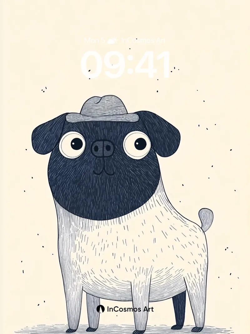 Whimsical Pug Wallpaper with Hat and Ink Lines