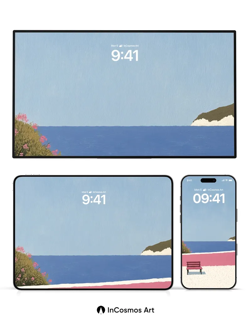 Serene Pink Shore Wallpaper with Silent Bench