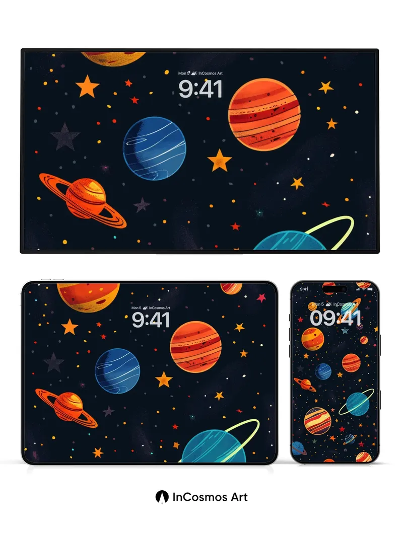Whimsical Cosmos Wallpaper with Floating Planets